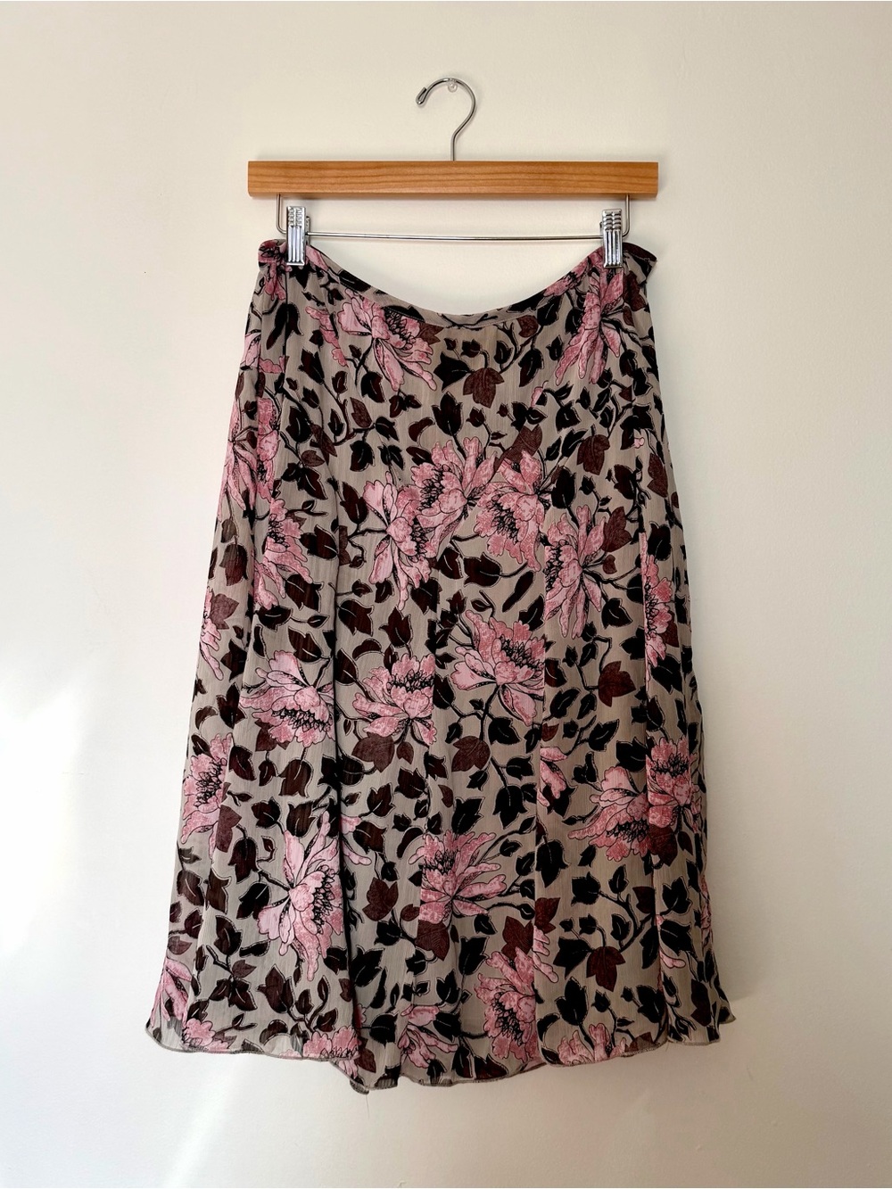 Whimsy Pink and Brown Boho Flowy Floral Print Midi Low Rise Skirt